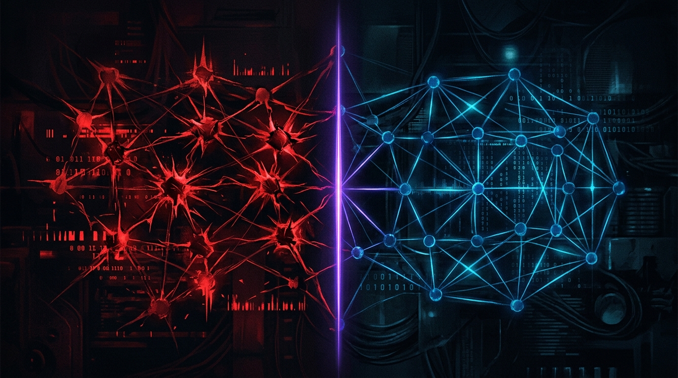 Duales KI-Neural-Netzwerk in Rot und Blau — Angriff und Verteidigung visualisiert auf dunklem Hintergrund