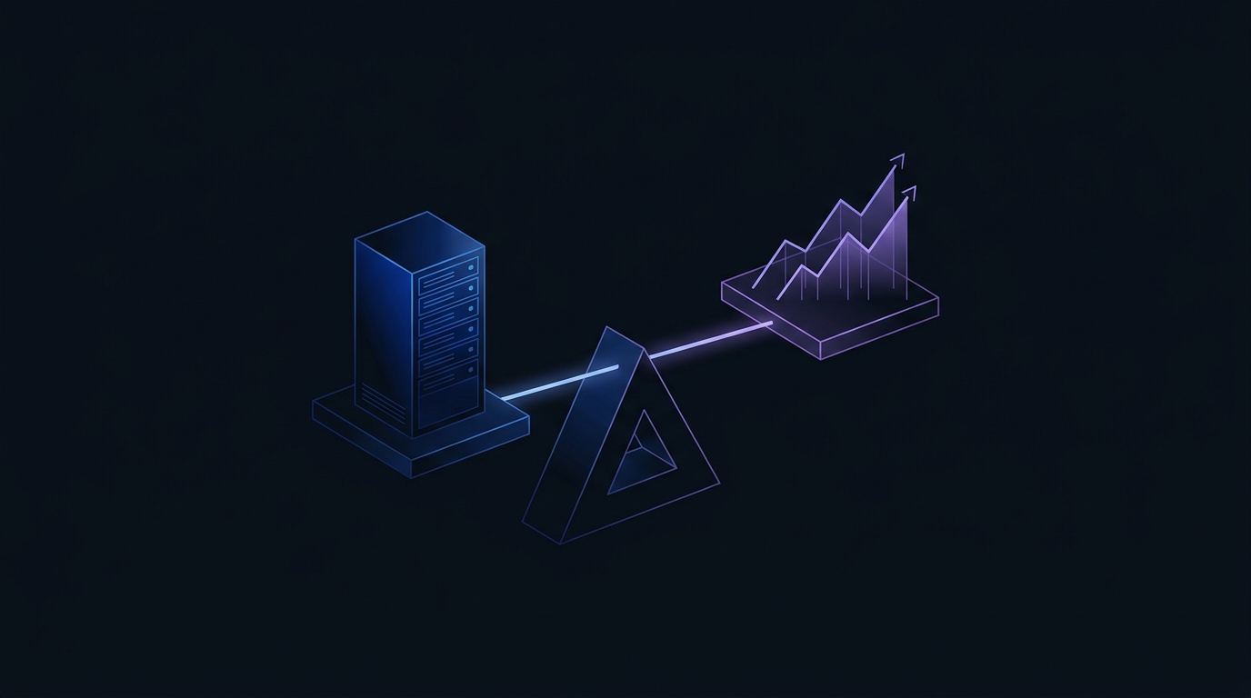 Abstrakte Waage mit Serverrack und Kostengraph, tiefblau auf schwarzem Hintergrund
